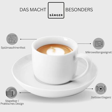 Набір чашок SÄNGER Marlo з блюдцем, 12 шт. (6 осіб), порцеляновий кавовий сервіз, білий, 200 мл | PREMIUM COLLECTION