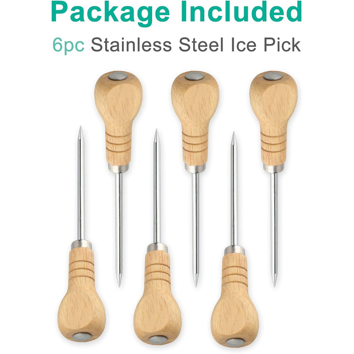 Yzurbu Ice Picks for Breaking Ice, 6 Pack Stainless Steel Ice Pick Tool with Safety Wooden Handle for the Kitchen