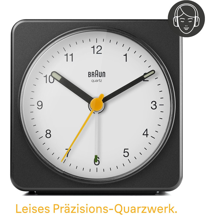 Braun Classic Analog Alarm Clock with Snooze Function and Light, Silent Quartz Movement, Crescendo Alarm, Black and White Model BC03BW.