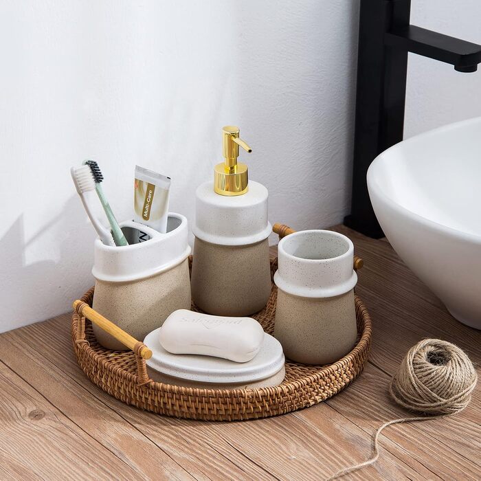 Набір аксесуарів для ванної кімнати в стилі фермерського дому, 4 шт., кераміка, подарунковий комплект, включає: стакан для зубної щітки, дозатор мила, мильниця, стакан, бежевий