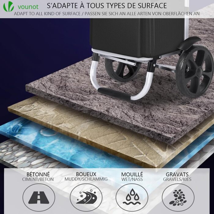 Складна алюмінієва господарська сумка VOUNOT 45 л, водонепроникна, чорна, великі колеса з бризковиками, візок для покупок, для сходів