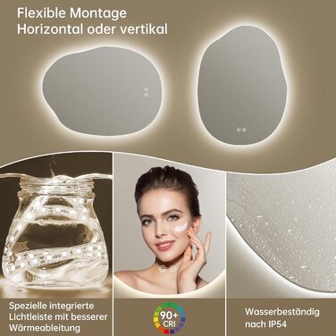 Дзеркало для ванної кімнати з підсвічуванням, арочне, без рами, 50x75 см. Антизапарник, сенсорне управління, регулювання яскравості, 3 кольори світла