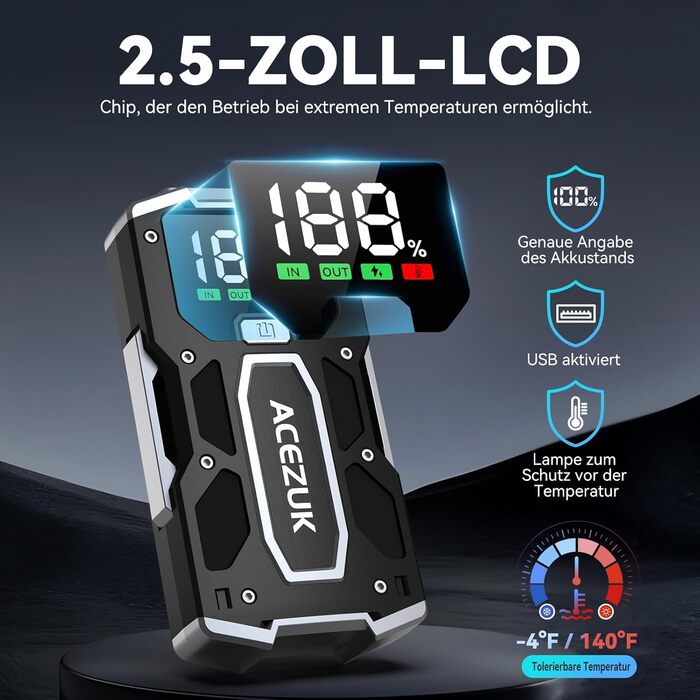 Портативний зарядний пристрій Starthilfe Powerbank 6000A для авто: запуск двигуна, LED-ліхтарик, великий екран, чорний M01