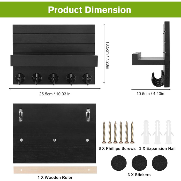 Дерев'яне ключниця на стіну з полицею, чорний колір, 5 гачків, для прихожої, спальні, вітальні