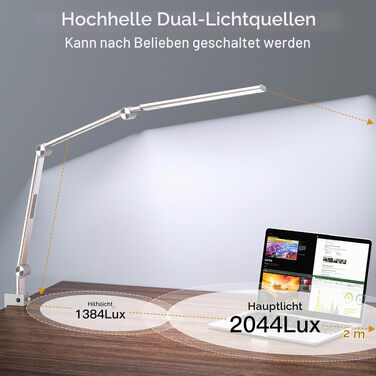 Настільна LED лампа VERSKI 18W з подвійним джерелом світла, диммером та струбциною: 5 режимів температури світла, регулювання яскравості, захист очей, срібляста
