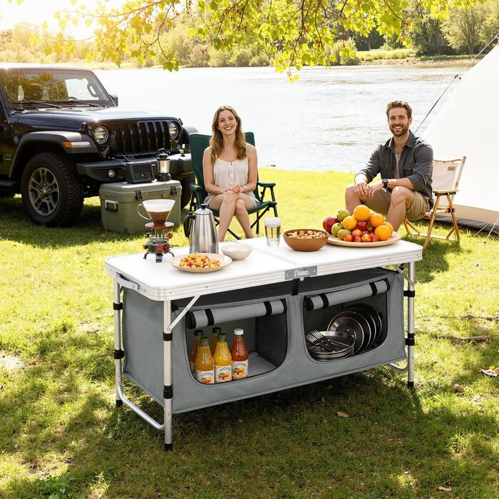 Складний алюмінієвий кемпінговий стіл WOLTU з регульованою висотою та полицями для зберігання, білий+сірий - для пікніка, пляжу, саду