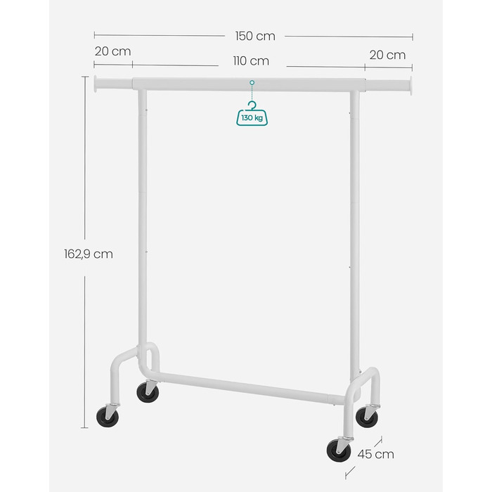 SONGMICS Clothes Rack with Wheels, Garment Rack, Heavy Duty, Extendable Clothes Rod, Holds up to 110 kg, 45 x (160-200) x 162.9 cm, Metal, Chrome, HSR176E01 ((110-150)B cm, Mattweiß)