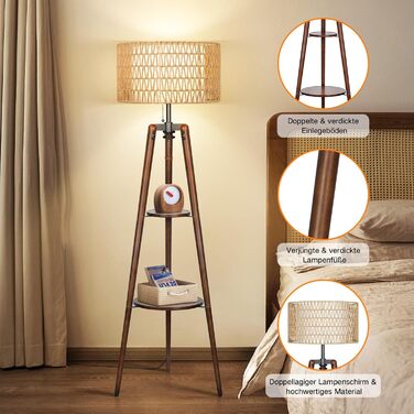 LED торшер Outon з трьома ніжками, регульована яскравість, полиця, пульт дистанційного керування, 4 режими кольору, таймер, 2 плафона, для вітальні/спальні (волоський горіх)