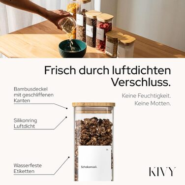 Скляні банки для зберігання KIVY, набір 4 шт (400 мл) з бамбуковими кришками та етикетками