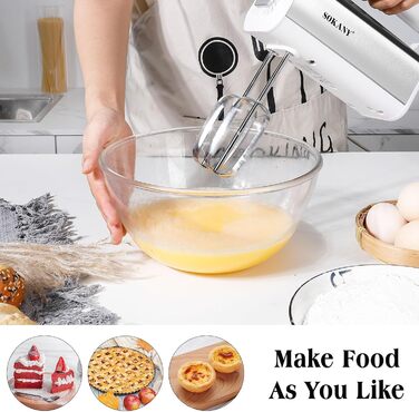Міксер SOKANY 800W з нержавіючої сталі, 5 швидкостей, 2 гачки для тіста та 2 вінчики (Cx-6651w White)