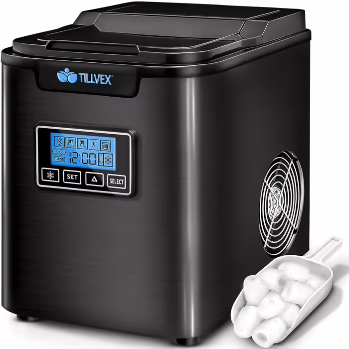 tillvex Ice Maker Stainless Steel 12 kg - 24 h | Ice Cube Maker with Timer and 2.2 Liter Water Tank | Ice-Maker LCD Display & Self-Cleaning Function | 3 Ice Cube Sizes (Black)