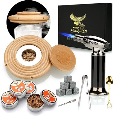 Dad Gift Christmas, Cocktail Smoker Kit, Whiskey Stones, Torch Lighter, Old Fashioned Whiskey Smoker Drinks Kit, Cocktail Accessories for Drinks, Bourbon-Walnut (Butane Not Included) (Beech Torch)