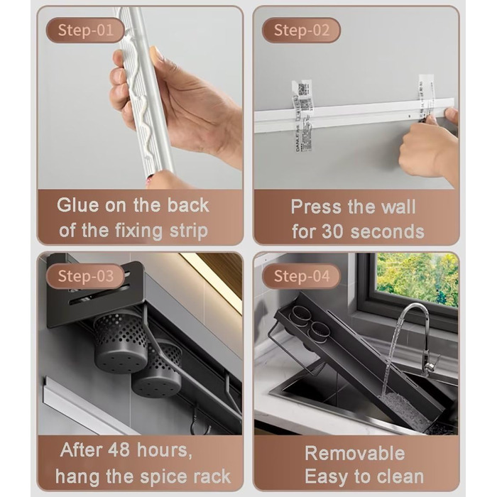 Настінна полиця для спецій, органайзер без свердління, полиці для спецій, тримач для спецій на клейкій основі, металева полиця для кухні, 50 см, сірий