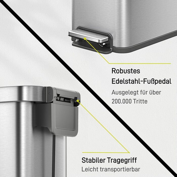 Відро для сміття EKO Madison 30L з винімним контейнером, м'яким закриттям кришки, стійке до відбитків пальців, нержавіюча сталь, прямокутне, з мішками для сміття 20 шт. (50L)