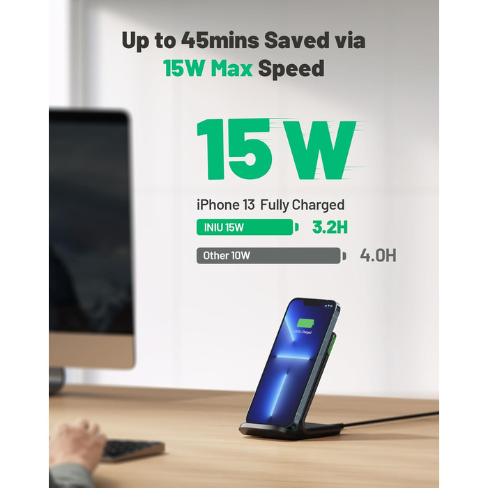 Бездротовий зарядний пристрій INIU 15W для iPhone та Samsung Galaxy – Qi сертифікат, чорний