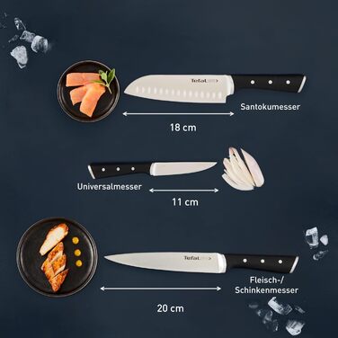 Набір ножів Tefal Ice Force 3 шт: ніж для м'яса 20 см, ніж Сантоку 18 см, універсальний ніж 11 см, нержавіюча сталь, чорний, K232S3