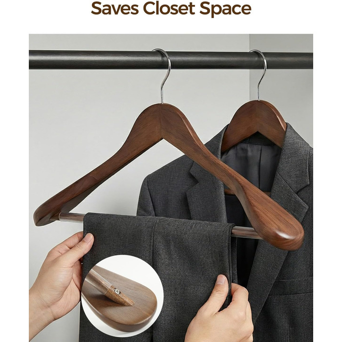Набір дерев'яних вішалок Premium з широкими плечима (6 шт.) з обертовими гачками | Для пальто, курток, суконь | Натуральне дерево, вінтажний стиль