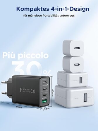 Мережевий адаптер Aioneus 40W з 4 портами USB-C та USB-A (1 шт, чорний)