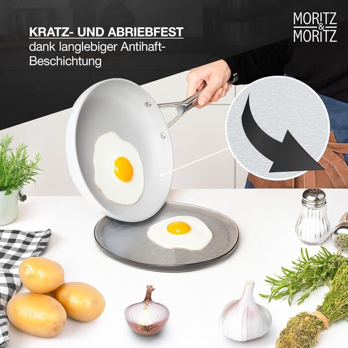 Moritz & Moritz 7-Piece Aluminum Cookware Set with Lids, Induction Compatible - 2x Saucepan with Lid, 1x Serving Pan with Lid, and 1x Frying Pan, Induction Cookware Set for All Cooktops, Grey