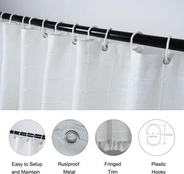 Штора для душу Farmhouse White – Лляна штора в бохо стилі для ванної кімнати, 90x180 см з пензликами та гачками