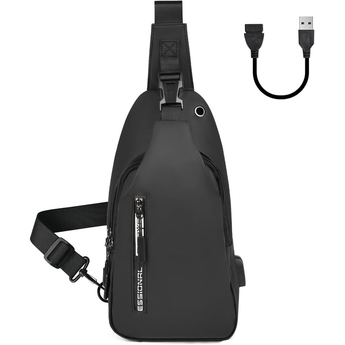 Чоловіча нагрудна сумка-слінг Brusttasche з USB-портом для зарядки, водонепроникна, чорна (#3 B)