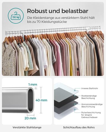 SONGMICS Clothes Rack with Wheels, Garment Rack, Heavy-Duty, Extendable Clothes Rod, Holds up to 130 kg, 45 x (110-150) x 162.9 cm, Metal, Chrome, Silver HSR11S
