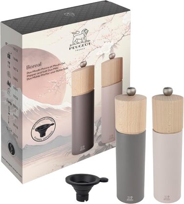 PEUGEOT - Duo Boreal 21 cm Pepper Grinder + Salt Grinder - Stainless Steel Funnel - Classic Setting - PEFC Certified Beechwood - French Know-How - Grey Rock & Pale Pink