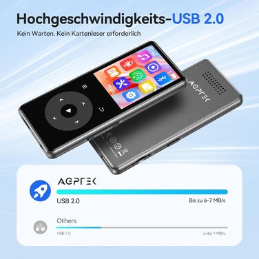 MP3 плеєр AGPTEK з Bluetooth, 1.8-дюймовий дисплей, вбудований динамік, FM-радіо, HiFi звук, підтримка карт пам'яті до 128 ГБ (Чорний)
