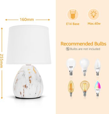 Настільна лампа Aigostar з кераміки, вінтажна модель з тканинним абажуром, патрон E14, макс. 40W, сучасна лампа для нічного столика, нічник для спальні, вітальні, офісу (без лампочки) - H235mm (білий золотий - H25.5cm)