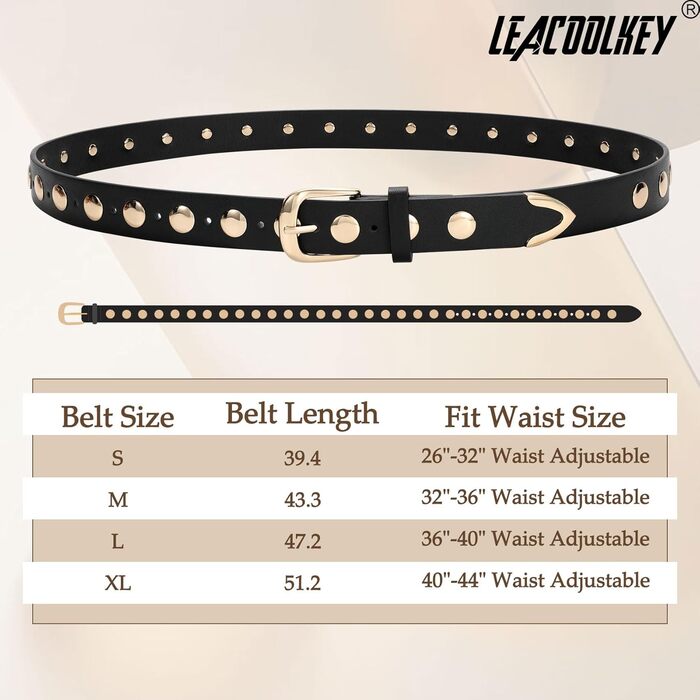Жіночий шкіряний ремінь LeaCoolKey з пряжкою, з шипами, для джинсів та штанів, чорний, розмір M (82-91 см)