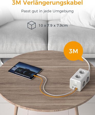 Мережевий фільтр TESSAN 6 розеток з USB-C, 9 в 1, з вимикачем, 2м кабель, для дому та офісу