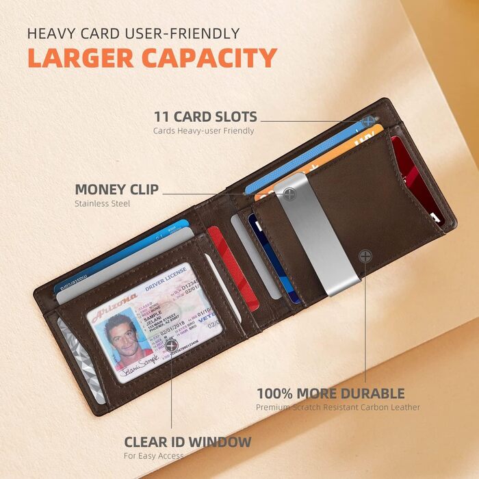 RUNBOX Шкіряний гаманець-кліп для грошей - RFID захист, тонкий, з подарунковою коробкою (M, Шоколад)