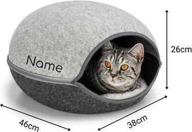 Lionto Cat Cave made of robust felt, cozy cuddle cave with zipper, 46x38x24 cm, comfortable and modern cat bed with soft and washable cushion, grey (with name tag)