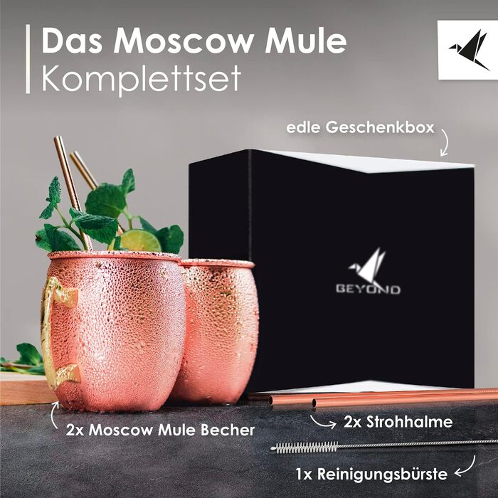 Beyond Moscow Mule Mug 2-Piece Set Copper Mugs - Copper Mugs with Straws & Gift Box I Moscow Mule Copper Cup Set with traditionally smooth surface as a Gin Cup & for Cocktails