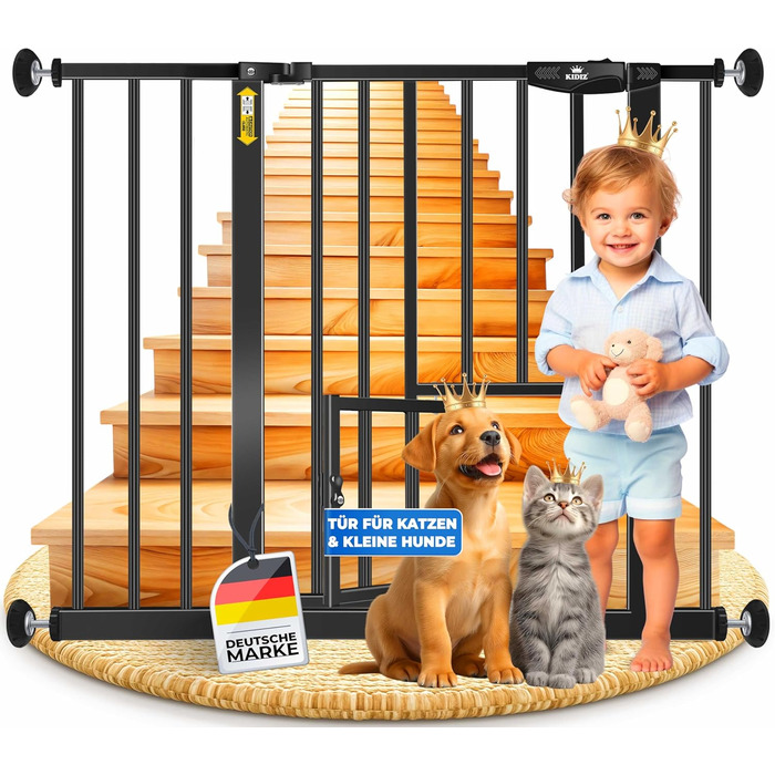 Захисне ворота KIDIZ для котів з люком, захист для дверей, ворота на сходи для дітей без свердління | Зупинка 90°, поворотні, білий колір, ширина (88-101 см)