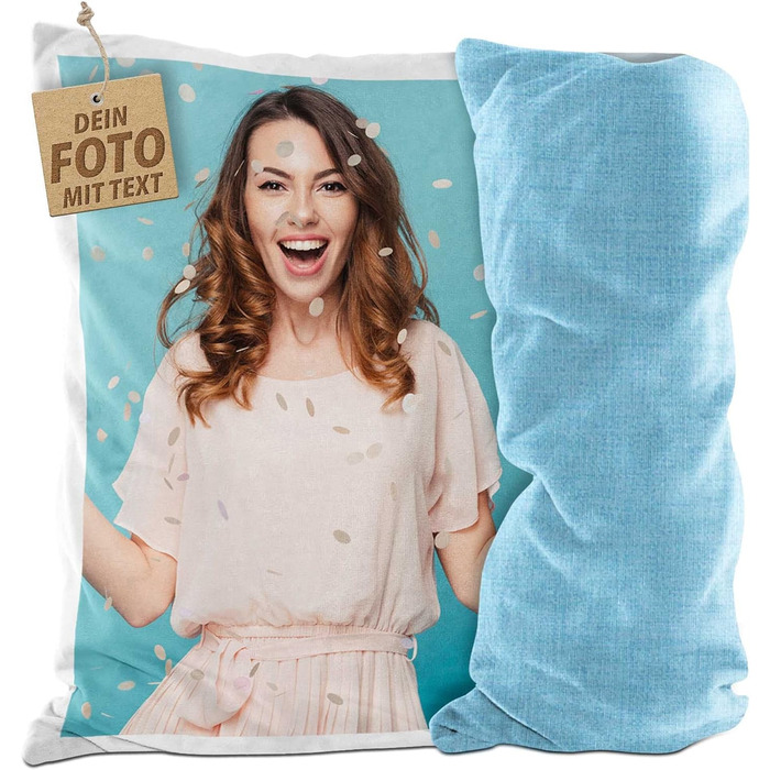 PR Print Royal Photo Cushion Cover - Design Your Own with Your Photo - One-Sided Printing - Personalized Photo Gift for Friends and Family - 40 x 40 cm, Backside Light Blue Patterned | Personalized