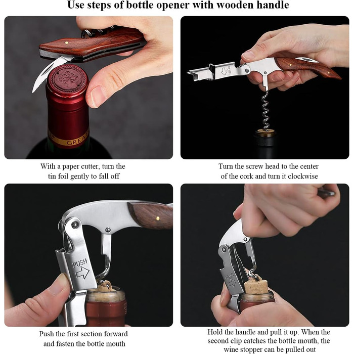 Kyraton Відкривачка для вина 3-в-1 з різаком для фольги, нержавіюча сталь, дерев'яний грифель, професійна для барів та ресторанів, набір (1 шт.)