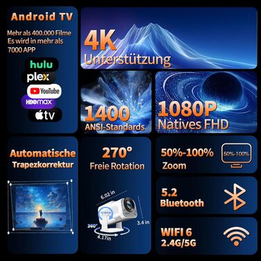 4K проєктор Beamer Full HD 1080P Android: портативний міні-проєктор з WiFi 6, Bluetooth 5.2, 270° обертанням, підтримкою PC/HDMI/USB, з пультом та мишкою, білий