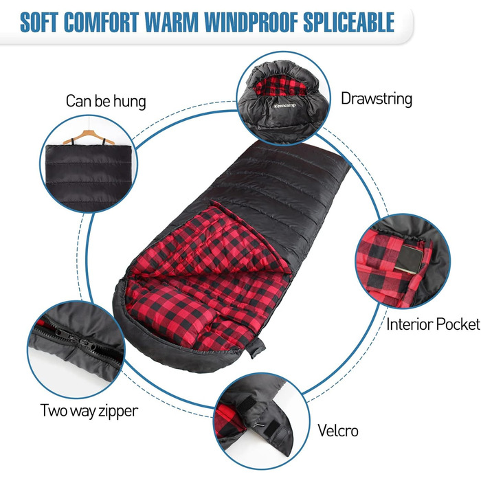 Сплячий мішок Keencamp Flanell Outdoor: теплий, бавовняний, для 3-4 сезонів, до -1°C, XXL, 230x90 см, чорний, для дорослих
