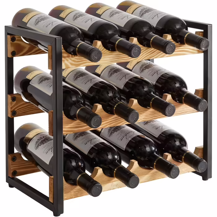 IBUYKE Wine Rack, Freestanding Wine Storage Rack, 4-Tier Shelf, For Bar Counter, Restaurant, Kitchen, Table Shelf Wine Holder, Black TMJ903H (Wood, 12 Bottles)
