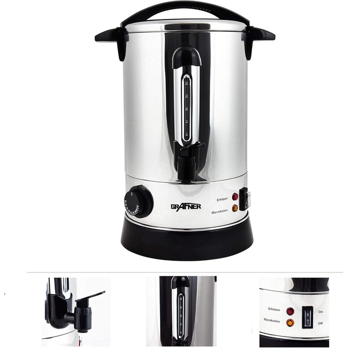 Grafner XL Stainless Steel Glühwein Cooker - 8.8 Liters - 1500 Watts with Tap, Thermostat and Overheat Protection Hot Beverage Dispenser