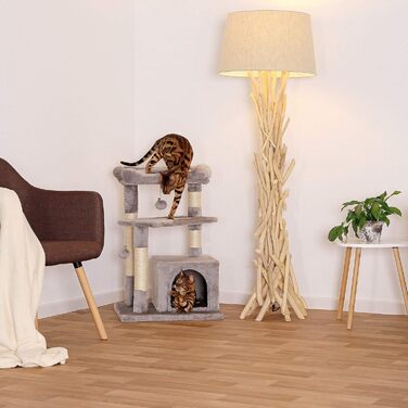 Котячий будиночок Lionto з лежанкою та печерею, 75 см, з сизалевого мотузка та плюшу, 2 м'ячики з дзвіночками, для кошенят та дорослих котів, сірий