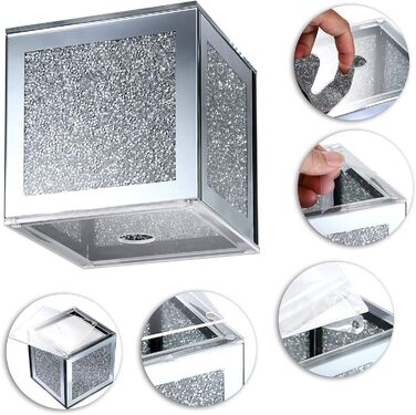 BTSKY Glittering Glass Cube Tissue Box with Crushed Crystal Diamonds for Home Decoration, Table Napkin Holder, Square Tissue Organizer