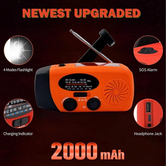 Радіо на сонячній батареї з ручним заводом 2000mAh, AM/FM/NOAA, зарядний пристрій для телефону з SOS, ліхтарик LED 1W, вихід для навушників, портативний Power Bank для надзвичайних ситуацій оранжевого кольору