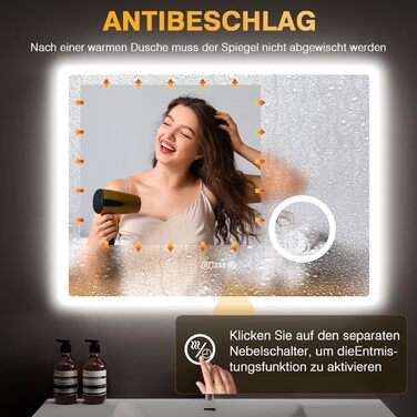 Дзеркало для ванної кімнати з підсвічуванням 80x60 см, 3 кольори, регулювання яскравості, антизапар, 3x збільшення, розетка для бритви, IP44, для горизонтального/вертикального монтажу