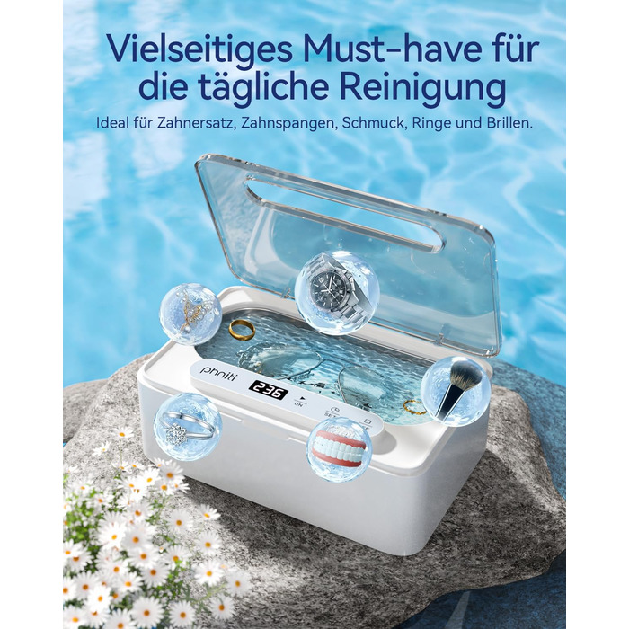 Ультразвуковий очисник Phniti 47 кГц: для окулярів, ювелірних виробів, зубних протезів. 3 режими, портативний, 330 мл, білий