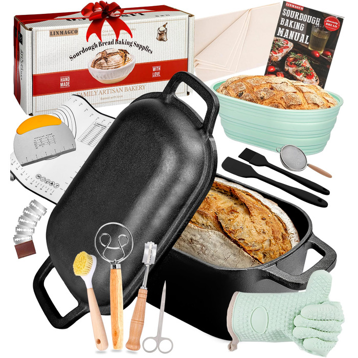 Чавунна форма для випічки хліба з кришкою та кошиком для бродіння – Dutch Oven 4.6л для хліба на заквасці – комплект для випікання, тушкування та смаження – для індукції та духовки