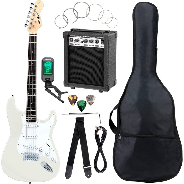 Електрогітара McGrey Rockit ST Комплект для початківців (8 предметів): гітара, підсилювач, запасні струни, чохол, тюнер, медіатори, ремінь та кабель (білий)