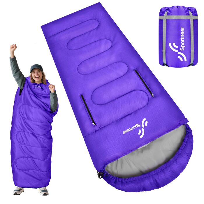 Спальний мішок Sportneer Outdoor для дорослих, теплий ковдувальний спальник на 3-4 сезони для кемпінгу та подорожей (220x85 см, фіолетовий, 10-26 °C)