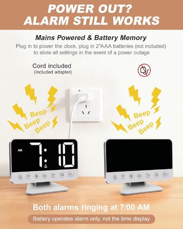 Цифровий будильник з LED-дисплеєм та RGB-підсвіткою, потужний сигнал 30-110дБ для міцного сну, USB-порт, функція Snooze, сріблястий